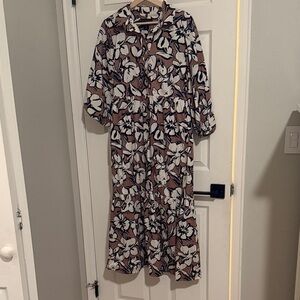 Cynthia Rowley Floral Long Sleeve Dress in Brown and White